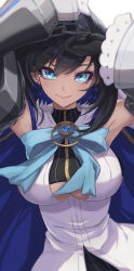  1girl arms_up black_hair blue_eyes bow bow_earrings breasts chain chain_headband clothing_cutout colored_inner_hair earrings hair_intakes highres hololive hololive_english jewelry large_breasts looking_at_viewer multicolored_hair ouro_kronii ouro_kronii_(1st_costume) re_(re_09) ribbon_earrings smile solo underboob_cutout upper_body virtual_youtuber wide_sleeves  rating:Sensitive score:11 user:danbooru