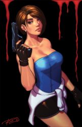  1girl bad_id bad_twitter_id bare_arms bare_shoulders black_background black_gloves black_skirt blood blood_trail breasts brown_hair capcom cleavage clothes_around_waist earrings female_focus fingerless_gloves gloves gun handgun holding holding_gun holding_weapon jewelry jill_valentine lips looking_at_viewer medium_breasts neck pencil_skirt resident_evil resident_evil_3 resident_evil_3:_nemesis robaato serious short_hair skirt solo standing strapless tube_top weapon  rating:Sensitive score:43 user:danbooru