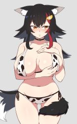  1girl absurdres alternate_breast_size animal_ears animal_print bikini black_choker black_hair blush breast_hold breasts choker collarbone cow_print flipped_hair grey_hair highres hololive kidoriyacats large_breasts long_hair looking_to_the_side multicolored_hair navel ookami_mio red_hair side-tie_bikini_bottom sidelocks simple_background solo standing streaked_hair sweat swimsuit tail tail_around_own_leg tail_wrap virtual_youtuber white_hair wolf_ears wolf_girl wolf_tail yellow_eyes 