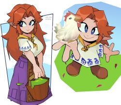  1girl 2024 aged_down aged_up apron ascot bird blue_eyes boots breasts brown_apron brown_hair bucket chicken cucco dated dress dual_persona highres holding holding_bucket long_hair long_skirt malon mendo&#039;s_art nintendo parted_bangs pointy_ears purple_skirt red_hair short_sleeves skirt smile solo the_legend_of_zelda the_legend_of_zelda:_ocarina_of_time waist_apron white_dress yellow_ascot 