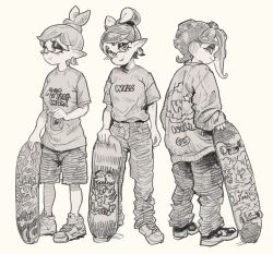  3girls alternate_costume alternate_hair_length alternate_hairstyle arm_at_side baggy_clothes bow-shaped_hair callie_(splatoon) can closed_mouth clothes_writing commentary drink_can earrings english_commentary from_behind full_body graphite_(medium) greyscale head_tilt highres holding holding_can holding_skateboard hoop_earrings inkling jewelry looking_at_viewer looking_back looking_to_the_side marie_(splatoon) mole mole_under_eye monochrome multiple_girls nintendo octoling octoling_girl octoling_player_character pants pointy_ears shirt shirt_tucked_in shoes short_hair short_sleeves shorts simple_background skateboard sleeves_past_wrists smile sneakers splatoon_(series) standing sweater tentacle_hair topknot traditional_media yellow_background yuta_agc 