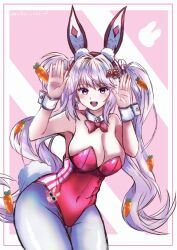 :d alice_(nikke) alice_(wonderland_bunny)_(nikke) animal_ears arms_up bare_shoulders breasts carrot_hair_ornament cleavage collarbone fake_animal_ears fake_tail food-themed_hair_ornament goddess_of_victory:_nikke hair_between_eyes hair_intakes hair_ornament large_breasts leaning_forward leotard light_blush long_hair looking_at_viewer open_mouth pantyhose pink_eyes pink_hair pink_leotard playboy_bunny rabbit_ears rabbit_pose rabbit_tail robo_666 sidelocks smile strapless strapless_leotard tail twintails twitter_username white_pantyhose