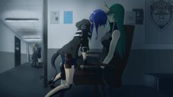  1other 3girls amiya_(arknights) animated arknights blue_hair ch&#039;en_(arknights) chair closed_eyes doctor_(arknights) dragon_girl dragon_horns dragon_tail dry_humping evalithfog frottage green_hair horns hoshiguma_(arknights) humping indoors long_hair medium_hair multiple_girls oni parted_lips single_horn sitting skin-covered_horns sweat sweatdrop tagme tail thigh_straddling video yuri 