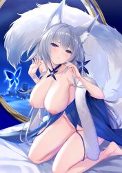 1girl absurdres animal_ear_fluff animal_ears azur_lane bare_shoulders blue_butterfly blue_collar blue_dress blue_eyes breasts bug butterfly cleavage collar dress evening_gown feather_boa fox_ears halter_dress halterneck highres huge_filesize indoors bug kitsune kyuubi large_breasts large_tail long_hair multiple_tails nipples no_panties nude official_alternate_costume shinano_(azur_lane) shinano_(dreams_of_the_hazy_moon)_(azur_lane) sigma_rio silver_hair sleeveless sleeveless_dress solo tail very_long_hair white_tail rating:Questionable score:59 user:danbooru