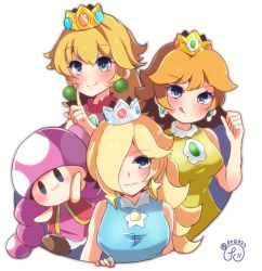 4girls :3 blue_dress blue_eyes blush braid breasts closed_mouth commentary crown dress earrings hair_over_one_eye index_finger_raised jewelry large_breasts licking_lips mario_(series) mario_tennis mario_tennis_aces meiwari multiple_girls mushroom nintendo pink_hair princess_daisy princess_peach red_vest rosalina shirt signature sleeveless tennis_daisy toadette tongue tongue_out twintails vest yellow_shirt rating:General score:19 user:danbooru