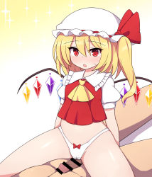  1boy 1girl ascot bar_censor blonde_hair bow bow_panties censored cleft_of_venus clothed_female_nude_male commentary_request crystal flandre_scarlet frilled_shirt frilled_shirt_collar frilled_sleeves frills hair_between_eyes hat hat_ribbon loli medium_hair mob_cap nude one_side_up open_mouth panties penis puffy_short_sleeves puffy_sleeves red_bow red_eyes red_ribbon red_vest ribbon rizento shirt short_sleeves sitting sitting_on_person solo_focus spread_legs sweatdrop touhou underwear vest white_panties white_shirt wings yellow_ascot  rating:Explicit score:68 user:danbooru