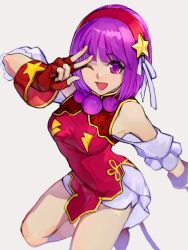  1girl ;d asamiya_athena breasts china_dress chinese_clothes dress fingerless_gloves gloves hair_ribbon hairband highres looking_at_viewer medium_breasts one_eye_closed oni_gini open_mouth purple_eyes purple_hair red_dress ribbon short_hair short_shorts shorts simple_background smile solo star_(symbol) the_king_of_fighters the_king_of_fighters_xv v white_background white_ribbon  rating:Sensitive score:18 user:danbooru