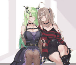  2girls absurdres ahoge antler_ribbon antlers asymmetrical_bangs belt belt_chain black_belt black_camisole black_choker black_leg_warmers black_nails black_skirt breasts brown_hair brown_thighhighs camisole ceres_fauna ceres_fauna_(goth) chest_harness choker cleavage collarbone commentary crinoline detached_sleeves digital_media_player dress earclip earphones earrings eipanguino emo_fashion english_commentary feet_out_of_frame fishnet_thighhighs fishnets flower frilled_dress frills goth_fashion gradient_hair green_hair hair_flower hair_ornament hair_over_one_eye hair_ribbon harness heart heart_choker heart_o-ring highres hololive hololive_english horns ipod ipod_classic jewelry lace-trimmed_choker lace_sleeves lace_trim large_breasts leaning_on_person legs_together listening_to_music long_hair long_sleeves looking_at_another medium_breasts miniskirt mole mole_under_eye multicolored_hair multiple_girls nanashi_mumei nanashi_mumei_(emo) necklace o-ring o-ring_choker o-ring_harness official_alternate_costume official_alternate_hairstyle one_side_up parted_lips pleated_skirt purple_dress red_sweater ribbon shared_earphones short_dress sidelocks single_off_shoulder sitting skirt smile straight_hair strapless strapless_dress streaked_hair striped_clothes striped_sweater sweater sweater_partially_tucked_in thigh_strap thighhighs torn_clothes torn_sweater virtual_youtuber white_flower white_hair window_shadow yellow_eyes 