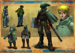 1boy alternate_costume armor artist_name belt_pouch blonde_hair cape concept_art dated dogbomber gas_mask gauntlets greaves green_eyes helmet link male_focus mask multiple_views nintendo pointy_ears post-apocalypse pouch scarf sheath sheathed shield shoulder_pads sword the_legend_of_zelda thigh_pouch visor weapon  rating:Sensitive score:23 user:danbooru