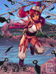  1girl between_fingers breasts cherry_blossoms cleavage commentary detached_pants highres history holding knife kunai lake large_breasts lips long_hair mask mask_on_head mochizuki_chiyome ninja nose obi original outstretched_hand panties purple_eyes real_life red_hair red_scarf revealing_clothes ryu_shou sandals sash scarf side-tie_panties solo tabi throwing_knife too_many too_many_knives twintails underwear weapon 