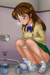  00s 1girl 2001 artist_request blue_bow blue_bowtie blue_hairband blush bow bowtie breasts breath brown_eyes brown_hair censored clothes_lift green_skirt hairband january long_sleeves looking_down open_mouth panties panty_pull peeing pussy school_uniform shirt shoes skirt skirt_lift small_breasts socks sparkle squat_toilet squatting steam sweater toilet toilet_paper toilet_use trash_can underwear uwabaki white_footwear white_panties white_shirt white_socks yellow_sweater  rating:Explicit score:21 user:batman-the-dark-knight