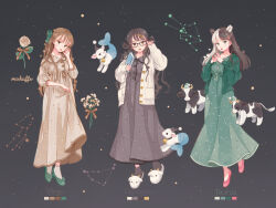  3girls adjusting_eyewear animal_slippers bell black_background black_hair book bow brown_dress brown_eyes brown_hair buttons capricorn_(constellation) capricorn_(zodiac) cardigan constellation cow dress earrings english_text flower full_body glasses green_bow green_dress green_eyes green_footwear green_ribbon grey_dress hair_bow hair_bun hair_ornament highres holding jacket jewelry long_dress long_hair long_sleeves looking_at_viewer mokaffe multicolored_hair multiple_girls nail_polish open_cardigan open_clothes open_mouth original pink_footwear red_lips ribbon rose sheep slippers smile socks standing star_(symbol) stuffed_animal stuffed_toy taurus_(constellation) taurus_(zodiac) two-tone_hair virgo_(constellation) virgo_(zodiac) white_flower white_hair white_rose zodiac 