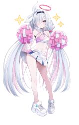 1girl absurdres black_hairband blue_archive blush colored_inner_hair detached_collar flat_chest fukemachi full_body grey_eyes grey_hair hair_over_one_eye hairband halo halterneck highres holding holding_pom_poms long_hair looking_at_viewer millennium_cheerleader_outfit_(blue_archive) multicolored_hair navel parted_lips pink_hair plana_(blue_archive) pleated_skirt pom_pom_(cheerleading) pom_poms red_halo shoes skirt sneakers solo sparkle transparent_background white_footwear white_skirt  rating:Sensitive score:14 user:danbooru