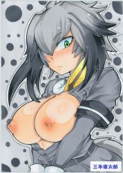 10s 1girl absurdres belt blush breasts breasts_out hair_between_eyes highres kemono_friends large_breasts long_sleeves looking_to_the_side nipples open_clothes open_shirt puffy_nipples sannen_netarou shirt shoebill_(kemono_friends) solo tail rating:Questionable score:21 user:danbooru