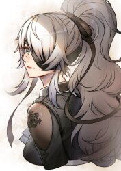  1girl eyepatch green_eyes looking_at_viewer red_lips solo white_hair a4_(yorha)  rating:General score:2 user:Emberino