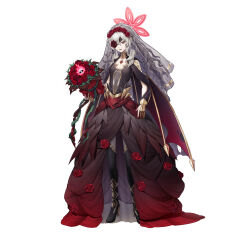 1girl absurdres air_(ai_r_) alternate_costume black_dress black_wedding_dress boots bouquet breasts bridal_veil closed_mouth commentary_request dress embla_(fire_emblem) eyepatch feather_trim female_focus fingernails fire_emblem fire_emblem_heroes flower full_body gold_trim gradient_clothes grey_hair hair_ornament high_heel_boots high_heels highres holding lips long_hair long_skirt looking_at_viewer nail_polish nintendo official_alternate_costume official_art pale_skin pointy_ears red_eyes rose simple_background skirt small_breasts standing thigh_boots thorns veil wedding_dress white_background