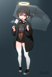  1girl absurdres black_hair black_jacket black_shirt blush chocpocalypse collar ear_piercing full_body halo heavy_breathing highres holding holding_umbrella jacket mask mask_around_one_ear mouth_mask multicolored_hair open_clothes open_jacket open_mouth original piercing red_eyes saliva saliva_trail shirt shoes short_twintails sneakers solo spiked_collar spikes streaked_hair thighhighs tongue tongue_out twintails two-tone_hair umbrella white_thighhighs 