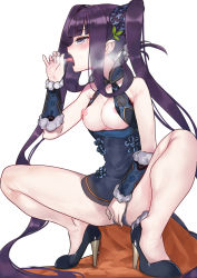  1girl armpit_crease bare_shoulders black_dress black_eyes blunt_bangs blush breasts china_dress chinese_clothes detached_sleeves double_bun dress fate/grand_order fate_(series) fellatio_gesture hair_bun hair_ornament high_heels leaf_hair_ornament nipples open_mouth purple_hair sexually_suggestive short_dress sidelocks solo spread_legs squatting thighs tongue tongue_out toranpo_rintarou twintails yang_guifei_(fate) yang_guifei_(second_ascension)_(fate)  rating:Questionable score:66 user:danbooru