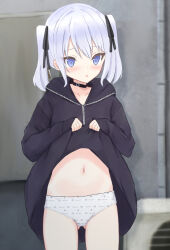  1girl air_conditioner alley black_jacket black_ribbon blue_eyes blush choker clothes_lift clothes_writing collarbone crotch_seam hair_ribbon heart heart_print highres hood hood_down hooded_jacket industrial_pipe jacket jacket_lift loli long_hair long_sleeves looking_at_viewer navel open_mouth panties print_panties ribbon shooko sleeves_past_wrists standing twintails underwear white_hair white_panties 