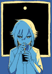  1boy closed_mouth collared_shirt commentary_request cup drinking drinking_glass drinking_straw drinking_straw_in_mouth famiresu_wo_kyouju_seyo full_moon hair_between_eyes half-closed_eyes holding holding_cup indoors koze_niire limited_palette looking_down male_focus moon necktie night nijisanji parody shirt short_hair short_sleeves sidelighting sidelocks solo straight-on style_parody upper_body uzuki_kou virtual_youtuber window 