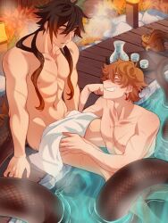  artist_name blush body_freckles bombyoon bottle brown_hair commentary_request completely_nude cup dragon_boy dragon_tail earrings facing_another freckles fur-tipped_tail genshin_impact grin hand_on_another&#039;s_thigh highres jewelry long_hair looking_at_another male_focus naked_towel nipples nude onsen orange_hair partially_submerged russian_commentary sakazuki sake_bottle scar scar_on_chest scar_on_leg sitting smile steam tail tartaglia_(genshin_impact) towel very_long_tail water yaoi yellow_eyes zhongli_(genshin_impact) 