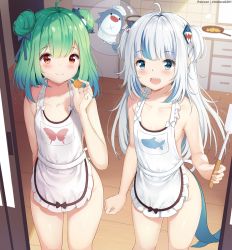 2girls :d ahoge animal_print apron artist_name bloop_(gawr_gura) blue_eyes blue_hair blue_tail blush breasts butterfly_print chintora0201 collarbone commentary door double_bun fins fish_tail food frying_pan gawr_gura green_hair hair_bun hair_ornament highres holding holding_food hololive hololive_english indoors kitchen long_hair looking_at_viewer md5_mismatch medium_hair multicolored_hair multiple_girls naked_apron open_mouth revision revision_available shark_hair_ornament shark_print shark_tail sharp_teeth silver_hair small_breasts smile streaked_hair tail teeth two-tone_hair uruha_rushia virtual_youtuber rating:Questionable score:206 user:danbooru