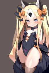  1girl abigail_williams_(fate) absurdres animal_ear_fluff animal_ears bare_shoulders black_bow black_jacket black_leotard blonde_hair blue_eyes blush bow bowtie breasts brown_thighhighs cat_ears collarbone covered_navel detached_collar fake_animal_ears fate/grand_order fate_(series) forehead grin hair_bow hairband highleg highleg_leotard highres jacket keyhole leotard long_hair looking_at_viewer off_shoulder orange_bow parted_bangs pubic_tattoo sharp_teeth shimejinameko sidelocks small_breasts smile solo tattoo teeth thick_thighs thighhighs thighs twintails wide_hips 