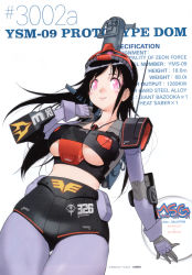  1girl black_hair blush breasts cannon dom_(mobile_suit) gun gundam highres jewelry long_hair measurements mecha_musume mobile_suit_gundam necklace non-web_source pantyhose personification pink_eyes simple_background smile solo stats underboob weapon white_background yoshizaki_mine  rating:Sensitive score:7 user:danbooru