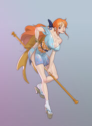  1girl alternate_costume artist_request breasts full_body gradient_background grey_background holding holding_weapon japanese_clothes large_breasts long_hair looking_at_viewer looking_back low_ponytail nami_(one_piece) nami_(one_piece)_(wano) naughty_face obi official_alternate_costume one_piece orange_eyes orange_hair revealing_clothes sash shiny_skin shoulder_tattoo smile solo tattoo thighs tongue tongue_out weapon 