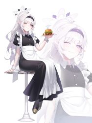  1girl ;) ;3 absurdres alternate_costume alternate_hairstyle apron arm_support bar_stool blue_archive blunt_bangs burger commentary_request enmaided food frilled_apron frills full_body hairband halo highres himari_(blue_archive) holding holding_tray long_hair looking_at_viewer maid maid_apron one_eye_closed pointy_ears ponytail puffy_short_sleeves puffy_sleeves purple_eyes raki_kr short_sleeves sidelocks simple_background sitting smile solo stool tray white_hair wrist_cuffs zoom_layer 