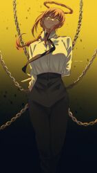  1girl arms_behind_back artist_name black_background black_necktie black_pants braid braided_ponytail chain chainsaw_man collared_shirt gradient_background halo highres ice_morinaka long_hair looking_at_viewer makima_(chainsaw_man) necktie orange_hair pants ringed_eyes shirt solo two-tone_background white_shirt yellow_background yellow_eyes 