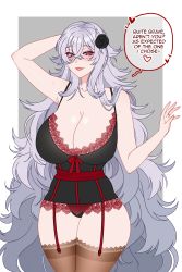 1girl absurdres alternate_costume arm_behind_head azur_lane border breasts cleavage cryptid_crab english_text flower garter_straps graf_zeppelin_(azur_lane) hair_between_eyes hair_flower hair_ornament highres jewelry large_breasts lingerie long_hair looking_at_viewer messy_hair red_eyes ring silver_hair solo thighhighs underwear very_long_hair white_border  rating:Sensitive score:51 user:danbooru