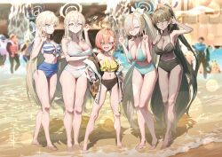  5girls ahoge akane_(blue_archive) aqua_bikini asuna_(blue_archive) bare_arms bare_legs bare_shoulders barefoot beach bikini black_bikini black_hair blue_archive blue_eyes blue_halo blush braid breasts brown_eyes cleaning_&amp;_clearing_(blue_archive) cleavage closed_mouth dark-skinned_female dark_skin double_v fang frilled_bikini frills full_body grin hair_over_one_eye halo highres holding holding_removed_eyewear huge_ahoge huge_breasts jhigf karin_(blue_archive) large_breasts light_brown_hair long_hair looking_at_viewer mole mole_on_breast multiple_girls navel neru_(blue_archive) ocean open_mouth ponytail purple_halo red_eyes red_hair single_braid skin_fang small_breasts smile standing striped_bikini striped_clothes swimsuit toki_(blue_archive) unworn_eyewear v white_bikini yellow_bikini yellow_eyes 