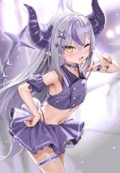  1girl ;d arm_garter black_horns black_nails commentary_request flat_chest grey_hair hair_ornament highres hololive horns kanzarin la+_darknesss long_hair midriff multicolored_hair nail_polish navel one_eye_closed open_mouth pointy_ears purple_hair purple_skirt skirt smile solo streaked_hair striped_horns thigh_strap v virtual_youtuber yellow_eyes 
