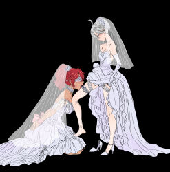  2girls absurdres arms_behind_back black_background blindfold blush bound bound_wrists breasts bridal_garter clothes_lift commentary_request dress dress_lift earrings grey_hair gundam gundam_suisei_no_majo highres jewelry lifted_by_self michiruuuu831 miorine_rembran multiple_girls open_mouth red_hair shoes simple_background single_shoe suletta_mercury thighhighs tongue tongue_out unworn_shoes wedding_dress white_thighhighs yuri 