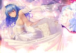  1girl ahoge armpits ass azur_lane bad_id bad_twitter_id bare_shoulders blue_hair blurry blurry_background blush bouquet bouquet_toss breasts bridal_veil bride church cleavage clothes_lift dress dress_lift drill_hair elbow_gloves floating_hair flower gloves hair_between_eyes highres large_breasts lifted_by_self light_particles long_hair looking_at_viewer outstretched_arm petals purple_eyes satou_daiji see-through sideboob smile solo st._louis_(azur_lane) veil wedding_dress white_dress white_gloves wind wind_lift  rating:Sensitive score:35 user:danbooru