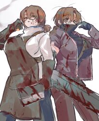 2girls apron black_gloves black_sweater blood blood_on_clothes blood_on_face bloody_weapon breasts brown_apron brown_eyes brown_gloves brown_hair brown_pants chainsaw cowboy_shot genderswap genderswap_(mtf) glasses gloves gregor_(project_moon) hand_up highres holding holding_chainsaw holding_knife huge_breasts kikkoinu knife large_breasts limbus_company low_ponytail multiple_girls pants parted_bangs project_moon sweater weapon white_sweater