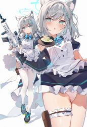  1girl absurdres animal_ear_fluff animal_ears apron assault_rifle black_dress black_footwear blue_archive blue_eyes blue_halo blush bowl breasts closed_mouth cross_hair_ornament dress extra_ears food frilled_apron frills grey_hair gun hair_between_eyes hair_ornament halo highres holding holding_gun holding_weapon kita_(kitairoha) medium_breasts medium_hair mismatched_pupils multiple_views noodles open_mouth panties puffy_short_sleeves puffy_sleeves ramen rifle shiroko_(blue_archive) shoes short_sleeves sig_sauer sig_sauer_556 smile thighhighs underwear weapon white_apron white_panties white_thighhighs wolf_ears 