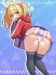 1girl ahoge ass black_thighhighs blonde_hair blue_archive blue_background blush commentary_request fang grey_eyes halo highres hoyhoy_colo jacket looking_at_viewer medium_hair open_mouth simple_background solo thighhighs thighs track_jacket yoshimi_(blue_archive) rating:Sensitive score:108 user:danbooru