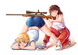  2girls aiming all_fours anh_thuy ass between_buttocks blonde_hair bloomers blue_eyes blush bob_cut bolt_action brown_hair buruma darun_khanchanusthiti embarrassed flexible glasses gun gym_uniform heike_grislawski highres holding holding_gun holding_weapon jack-o&#039;_challenge kneeling long_hair loose_socks multiple_girls one_eye_closed open_mouth original pants purple_eyes red_pants rifle scope shiny_skin shoes short_hair shy smile sneakers sniper_rifle socks spread_legs stretching sweat tank_top thighs track_pants underwear weapon white_background wide_spread_legs 