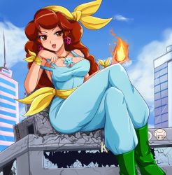 1girl bandana boots breasts broken brown_eyes brown_hair building captain_syrup city cleavage cloud day earrings covered_erect_nipples fire fire gem giant giantess glass jewelry large_breasts crossed_legs long_hair mario_(series) mushroom necklace nintendo pants sash shirt sigurd_hosenfeld sitting skull sky skyscraper solo star_(symbol) super_star_(mario) super_mario_bros._1 super_mushroom super_star tank_top taut_clothes taut_shirt wario_land  rating:Sensitive score:53 user:vakke