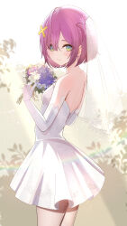  1girl absurdres blush bouquet breasts bridal_veil closed_mouth cowboy_shot dress eien_project elbow_gloves flower from_side gloves green_eyes hair_between_eyes hair_ornament highres holding holding_bouquet looking_at_viewer looking_to_the_side pink_hair pleated_dress purple_flower short_dress short_hair sikimosh small_breasts smile solo standing strapless strapless_dress veil virtual_youtuber wedding_dress white_background white_dress white_flower white_gloves x_hair_ornament zumi_dokumi 