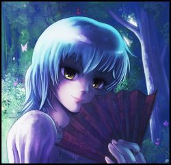 blue_hair butterfly hand_fan felarya folding_fan jewelry karbo lips ring smile solo tree yellow_eyes rating:Sensitive score:2 user:danbooru