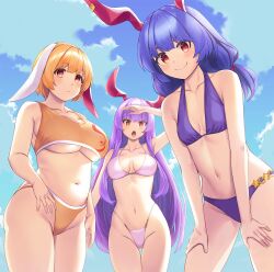  3girls absurdres animal_ears bikini blonde_hair blue_hair commentary_request earclip floppy_ears highres long_hair multiple_girls open_mouth purple_hair rabbit_ears rabbit_girl red_eyes reisen_udongein_inaba ringo_(touhou) seiran_(touhou) short_hair smile swimsuit tarmo touhou twintails very_long_hair 