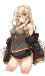  1girl bare_shoulders black_hoodie black_shorts blonde_hair breasts cleavage collarbone dungeon_and_fighter grey_tank_top hair_between_eyes hood hoodie jacket large_breasts lhu_(barappra1) light_brown_hair long_hair looking_at_viewer midriff open_clothes open_hoodie parted_lips red_eyes shiny_skin shirt short_shorts shorts simple_background small_sweatdrop solo standing tank_top thighs very_long_hair white_background 