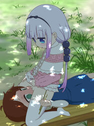 2girls :o @_@ absurdres alechon beads bench blue_hair blush brown_hair child_on_child cleft_of_venus commentary english_commentary female_focus flower full-face_blush green_eyes hair_beads hair_flower hair_ornament hand_on_another&#039;s_thigh highres kanna_kamui kobayashi-san_chi_no_maidragon light_purple_hair loli multicolored_hair multiple_girls official_style outdoors park_bench pink_hair public_indecency purple_hair saikawa_riko shade sitting sitting_on_face sitting_on_person uncensored yuri rating:Explicit score:621 user:danbooru