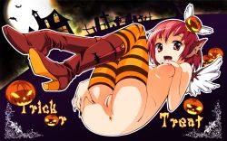 1girl animal_ears anus boots cleft_of_venus cofepig earrings female_focus halloween hat highres jack-o&#039;-lantern jewelry lying mystia_lorelei nipples nude on_back pink_eyes pink_hair pumpkin pussy solo striped_clothes striped_thighhighs thighhighs touhou trick_or_treat uncensored wings rating:Explicit score:28 user:danbooru