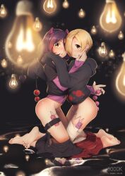  2girls anal anal_beads anal_object_insertion anal_tail ass bandaged_leg bandages barefoot black_hoodie black_shirt black_skirt blonde_hair blurry blurry_foreground blush brown_eyes butt_plug casino_(casinoep) clothes_pull crossed_ankles demon_tail depth_of_field dorsiflexion eyepatch fake_tail feet fingernails hair_over_one_eye hand_on_another&#039;s_cheek hand_on_another&#039;s_face hand_up hayasaka_mirei highres holding hood hood_down hoodie horns idolmaster idolmaster_cinderella_girls kneeling layered_sleeves light_bulb long_sleeves looking_at_viewer looking_to_the_side multicolored_hair multiple_girls nail_polish object_insertion parted_lips plaid plaid_skirt pleated_skirt purple_hair purple_nails pussy_juice red_hair red_skirt remote_control_vibrator saliva saliva_trail sex_toy shirasaka_koume shirt short_over_long_sleeves short_sleeves skirt skirt_pull sleeves_past_fingers sleeves_past_wrists soles streaked_hair tail toes tongue tongue_out vibrator yuri  rating:Explicit score:101 user:danbooru