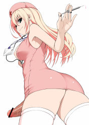  1girl armpits arms_up ass bar_censor bare_shoulders blonde_hair breasts censored from_below futanari green_eyes hat highres holding kamata_yuuya long_hair looking_at_viewer md5_mismatch name_tag no_bra nurse nurse_cap original penis pointless_censoring resolution_mismatch simple_background smile solo source_smaller stethoscope syringe thighhighs white_background white_thighhighs  rating:Explicit score:227 user:BlueBaroness