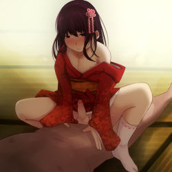  2boys anal androgynous blush bottomless brown_eyes cowgirl_position crossdressing erection hair_ornament implied_sex japanese_clothes kimono long_hair male_focus male_penetrated multiple_boys no_shoes penis shota socks solo_focus spread_legs straddling tabi testicles uncensored wachiwo yaoi  rating:Explicit score:361 user:kimboh